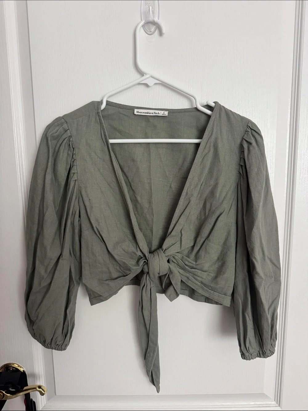 Abercrombie & Fitch Olive Tie-Front Crop Blouse
